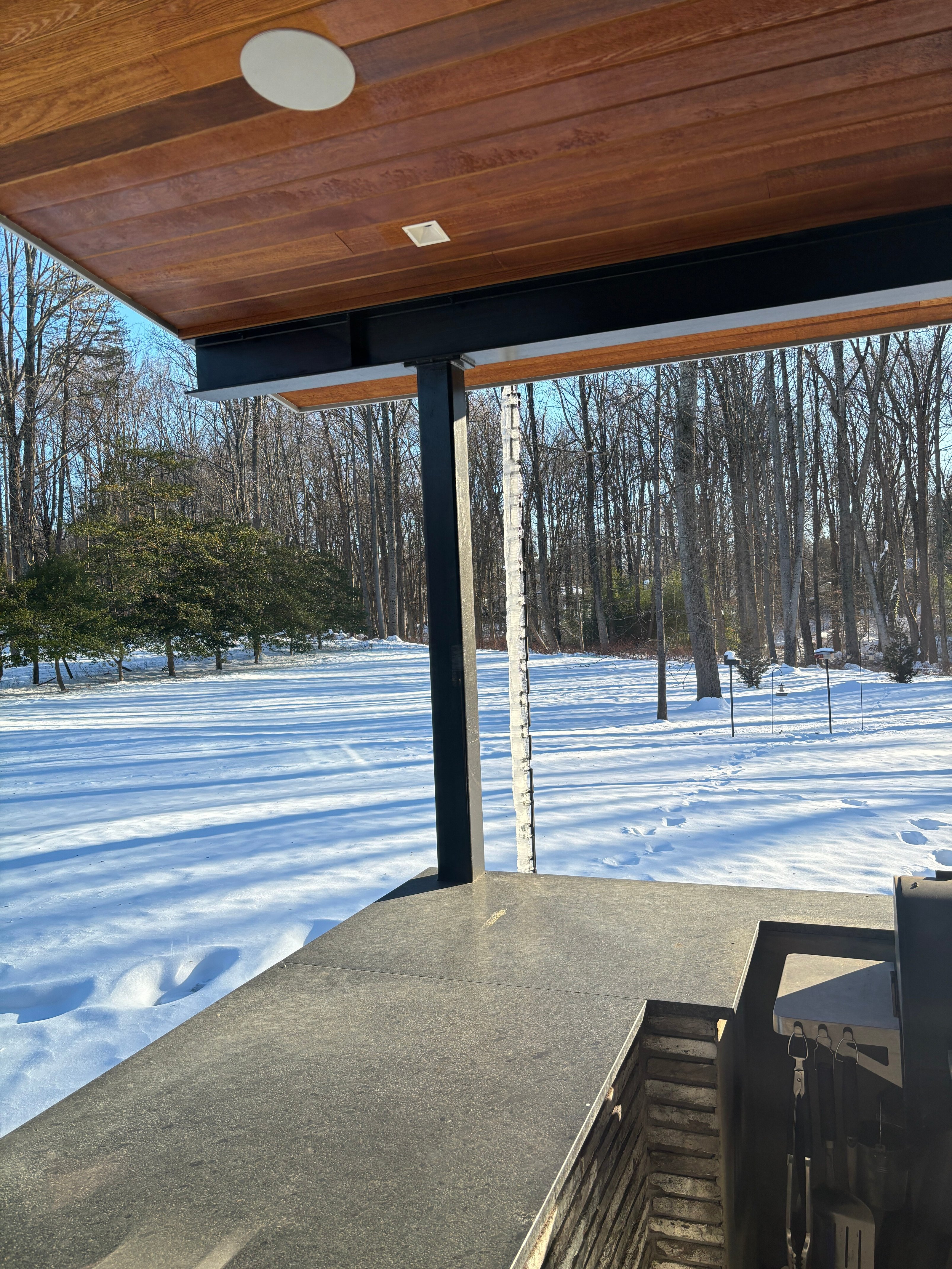 Modern Custom Home by AV Architects and Builders in Great Falls Virginia in the winter time snow on the ground and ice on the rain chain