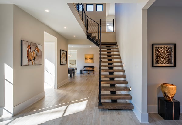 Floating Staircase in Modern Style Custom Home by AV Architects and Builders in Great Falls Northern Virginia