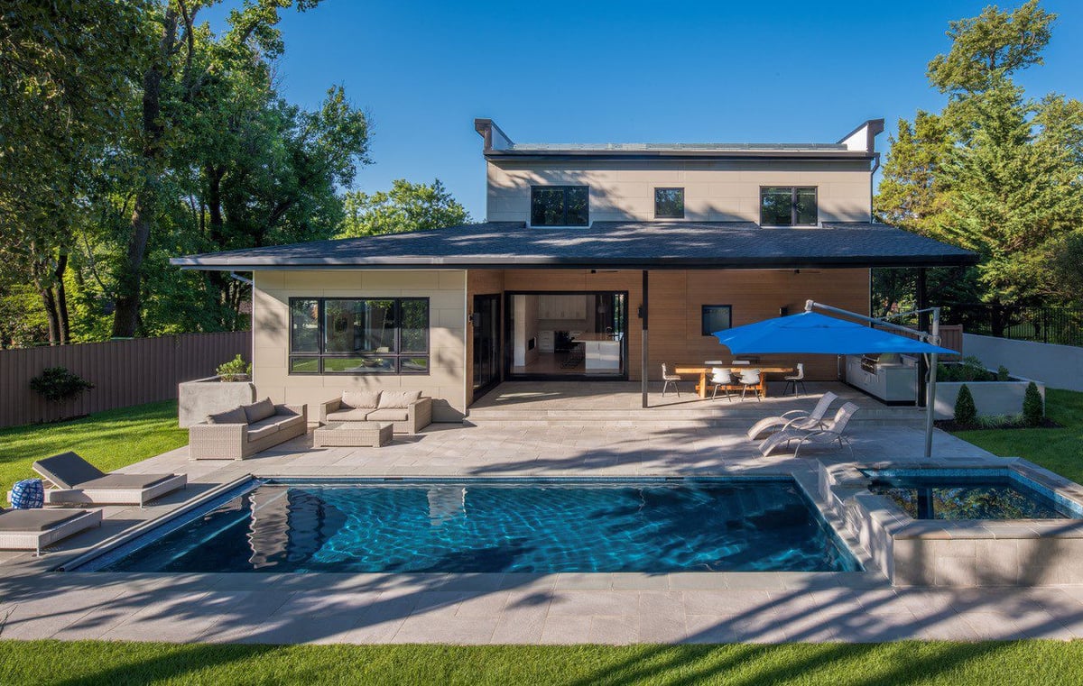 Arlington Virginia Modern Home Exterior Kitchen with Pool Northern Virginia Oasis AV Architects and Builders